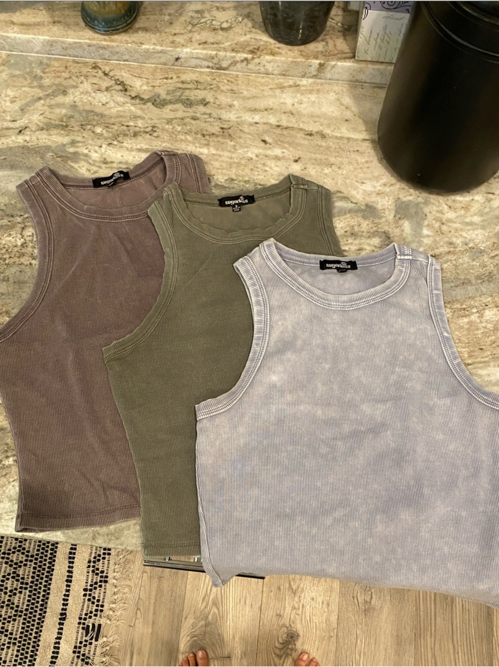 3-Pack Washed Ribbed Tank Tops - Lavender, Olive, Blue